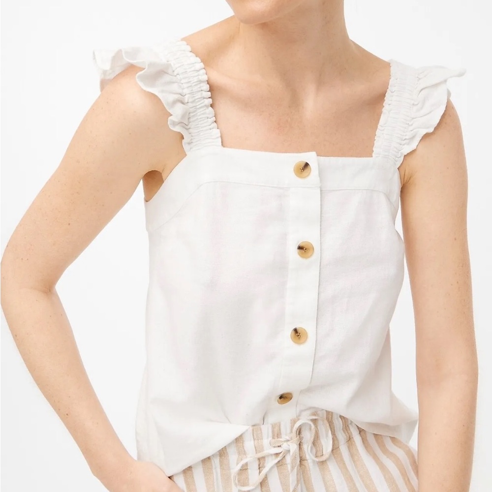 j.crew | linen button front tank top ruffle straps white xl